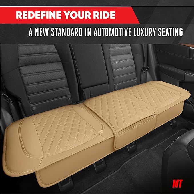 Motor Trend Rear Seat Cushion - Beige Diamond Stitched Faux Leather Rear Seat Cover for Cars, Trucks, SUVs - Padded, Waterproof, Non-Slip Back Seat Cover with Storage Pockets