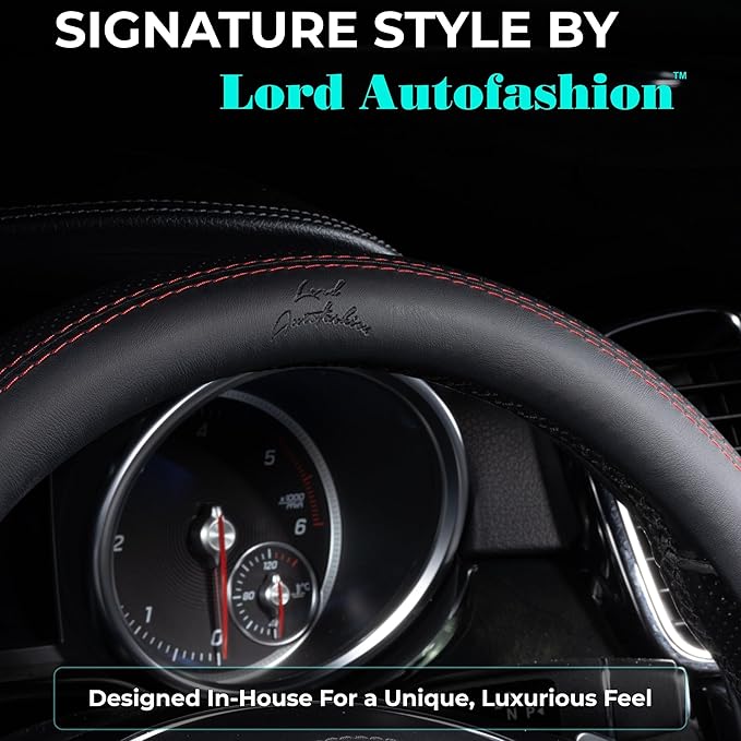 Lord Autofashion Steering Wheel Cover – PU Leather, Non-Slip Rubber Inner, All-Season Comfort – 14.5–15 Inch (Black/Red 9366)