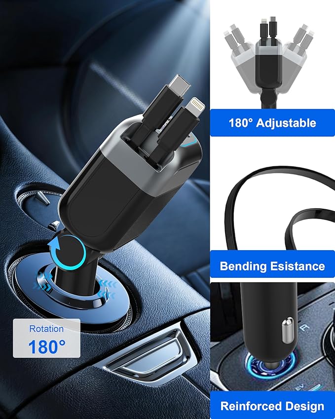 87W Retractable Car Charger, 4-in-1 Fast USB C Charging Car Adapter with 45W Type C Cable for iPhone 17/16 Pro Max & Samsung, 12W Lightning Cable for iPhone 14, Travel Essentials Car Accessories