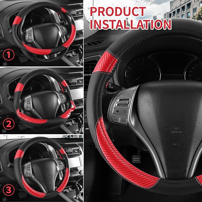 Non-Slip Car Nappa Leather Steering Wheel Cover,Universal Car Accessories Women Men Fit 14" 1/2-15" Suvs/Vans/Sedans/Cars/Trucks,Red