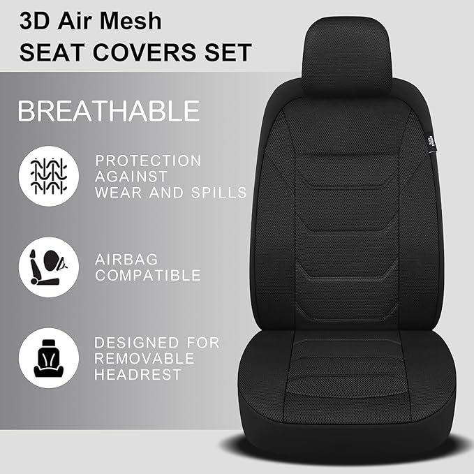3D Air Mesh Car Seat Cover Full Sets Washable and Breathable Premium Cloth Automotive Vehicle Seat Covers for Cars Interior, Universal Fit for Most Cars, Sedan, Truck, SUV(Black)