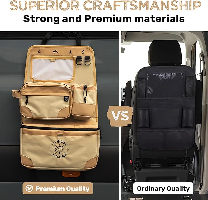 Living in a Bubble Seat back Organizer – Magnetic Toiletry and Cooler Pouch, Cordura Car Backseat Storage with Device Holder & Hooks, Multi-Compartment Utility Bag for Campervans & Family Travel