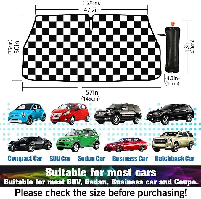 CHILL·TEK Funny Car Windshield Sun Shade Umbrella, Checkered Car Sun Shade Umbrella, Block UV Rays Heat Foldable Windshield Umbrella Sun Visor Protector - Keep Vehicle Cool for Cars SUV