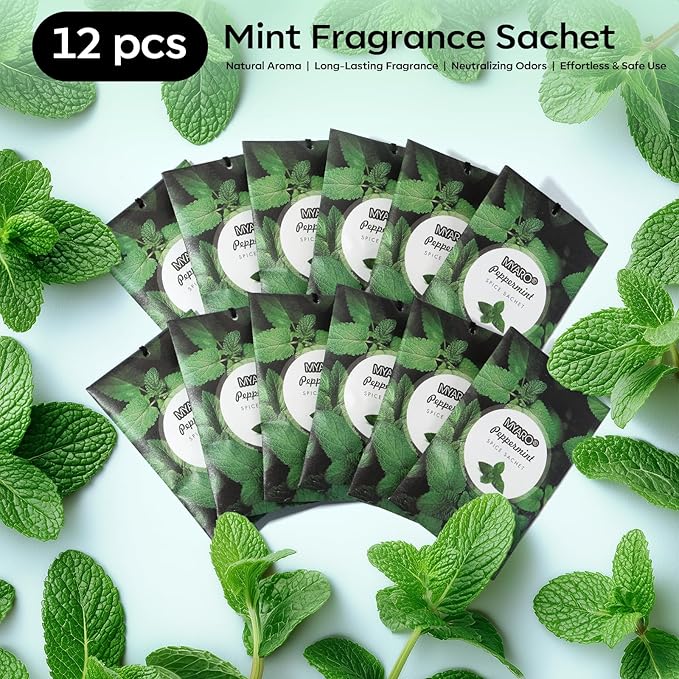 MYARO 12 Pack Peppermint Scented Sachets for Drawer, Closet Odor Eliminator Air Freshener Bags, Cool Mint Fragrance for Car & Home Aroma