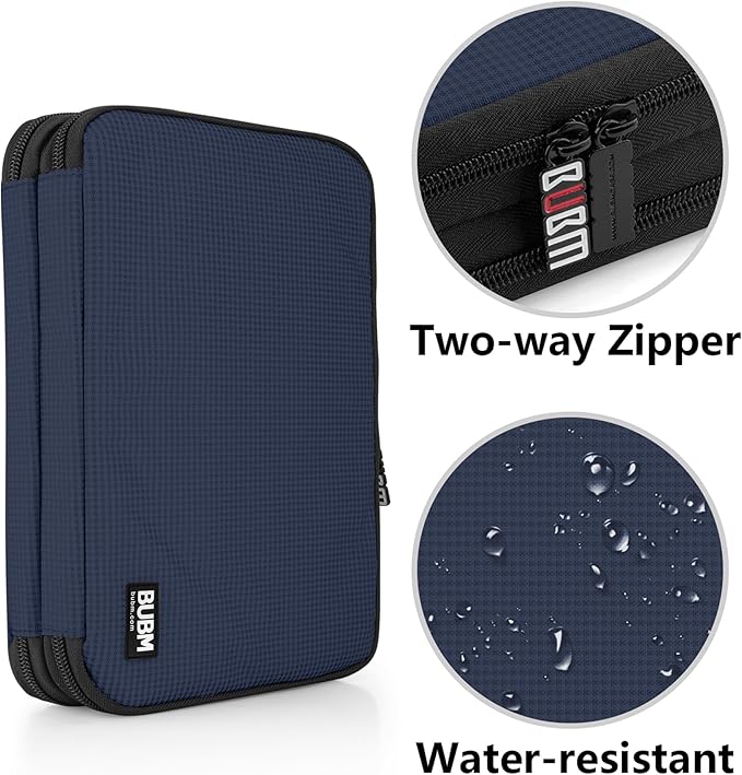 BUBM Double Layer Electronic Accessories Organizer, Travel Gear Bag for Cables, USB Flash Drive, Plug and More, Perfect Size Fits for iPad Mini (Medium, Dark Blue)