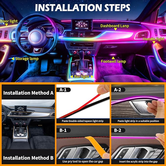 Interior Car LED Strip Lights with APP&Remote Control RGB 10 in 1 Ambient Lighting Kits Fiber Optic Strip LEDs,16 Million Colors,Music Sync Car Neon Lights for Cars,SUVs,Trucks