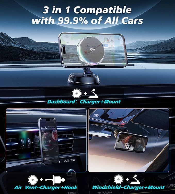 for Qi2 15W MagSafe Car Mount Charger with Cooling Fan, [Rapid Charging Cooler with RGB Lights], 78+LBS Stronger Suction Wireless Magnetic Mount on Vent/Dash/Windshield, for iPhone 17 16 15 14 13 12