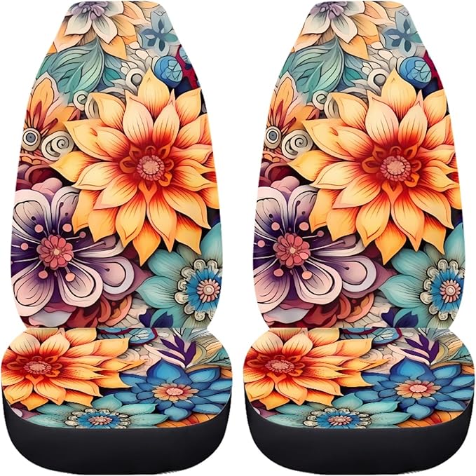 BIGCARJOB Blossoms Flower Car Seat Covers for Womens,Full Set of 2 Pcs Bohemian Floral Style Auto Front Seat Protector Durable Saddle Blanket Vehicle Seat Interior Accessories Cushion Pads
