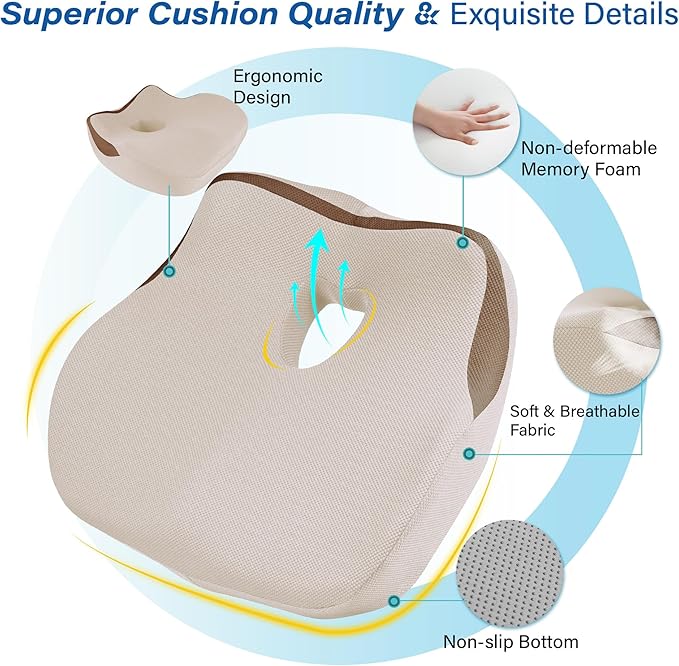 Car Seat Cushion: Ergonomic Memory Foam Car Cushion for Sciatica Pain Relief, Larger Driving Seat Pillow for Short Drivers on Long Drives - Butt Pillow for Truck, Office, Wheelchair - Beige