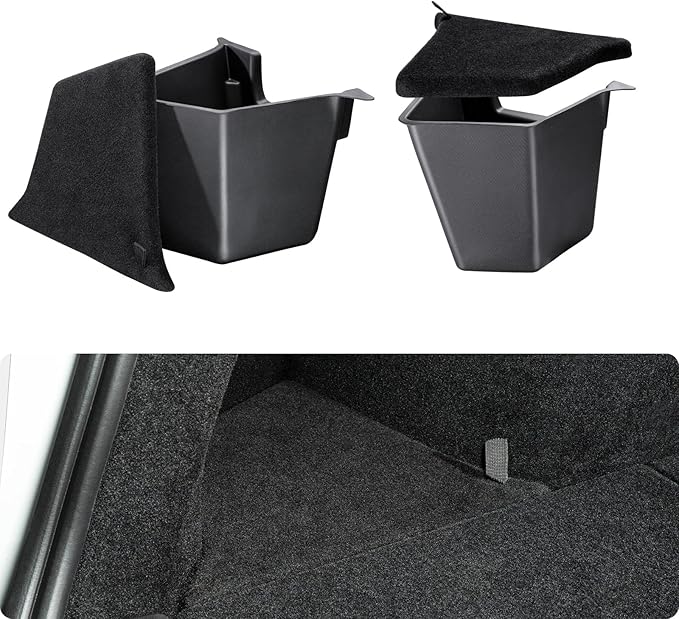 BASENOR 2025 2026 Tesla Model Y Trunk Storage Bins, (Proprietary Design) Trunk Organizer with Carpeted Lid, Rear Trunk Side Storage Box for 5-Seats Model Y Juniper Interior Accessories