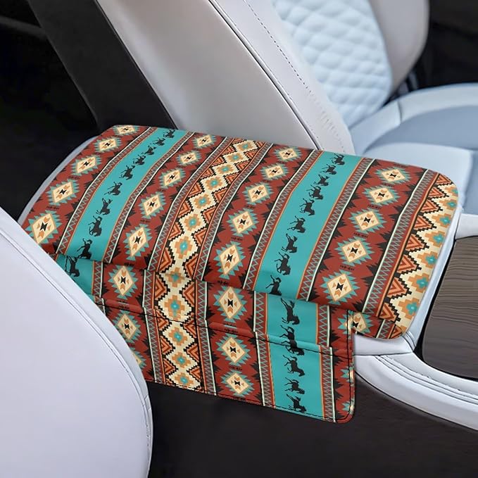 Armrest Cover Center Console Pad for Cars with Pockets, Aztec Horse Cars Interior Accessories for Women Men, Armrest Protector Fit Most Auto Vehicle, SUV, Truck Arm Rest Box
