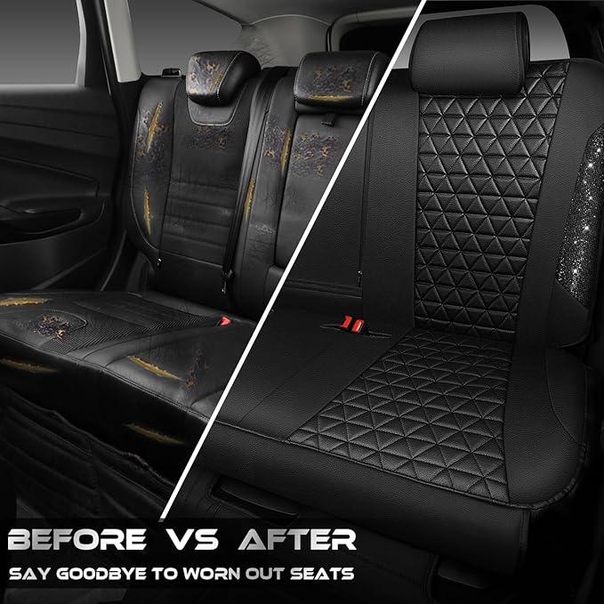 CAR PASS Bling Back Seat Cover, Waterproof Leather Bench Rear Seat Cover Shining Diamond Truck Glitter Crystal Sparkly Rhinestone Universal Fit Armrest Automotive Kid Women Girl, Black Diamond