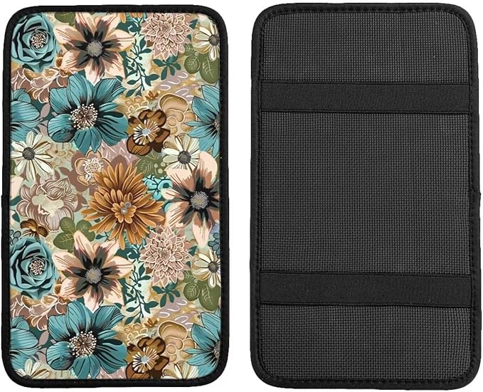 Car Center Console Cover Vintage Floral Auto Armrest Padded Armrest Cushion Leaf Brown Retro Easy Install for SUV Sedan Cars Comfort Protection for Most Vehicle, SUV, Truck, Sedans