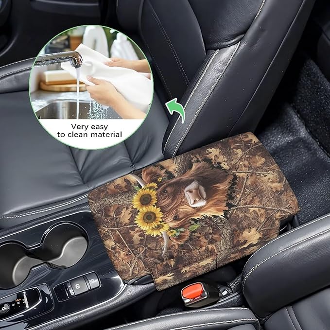 Tupalatus Highland Cow Car Armrest Cover with Pockets Universal Center Console Pad Anti-Slip Sunflower Armrest Cushion Cover Pad Easy Installation Universal Fit Most Cars,SUV,Truck,Van