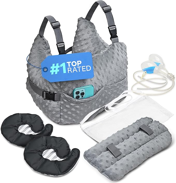 Zomaple Mastectomy Recovery Pillow with Strap, Swirly Gel Pack, Seat Belt Cover & Shower Lanyard – Post-Op Essentials, Breast Augmentation/Reduction & Recovery Supplies – Washable Cover for Comfort