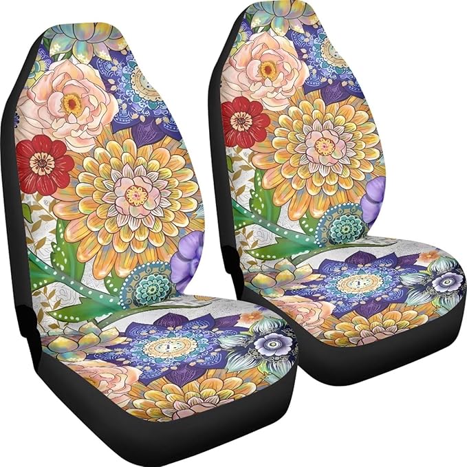 Boho Mandala Flowers Print Car Front Seat Cover Set of 2, Auto Bucket Seats Protector Universal Car Accessories Interior Decor for Women Men