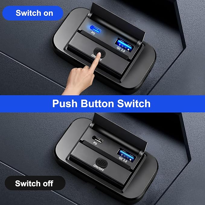 12V Flush Mount USB Charger with Power Switch, Multi-Port Car Charger for RV, Boat, Car, Bus, ATV, Motorcycle - Panel Mount Charging Accessories (PD+QC)