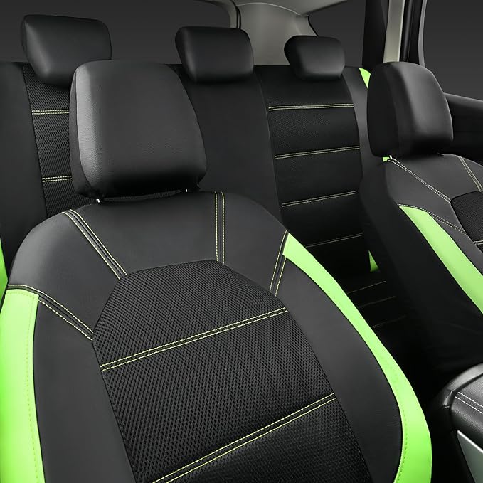 CAR PASS Luminous Green Leather seat Covers Universal Sport car seat Cover, 5mm Composite Sponge Inside, Airbag Compatible fits Most Cars, SUVs,Trucks,Vans (Full Set,Black with Green)
