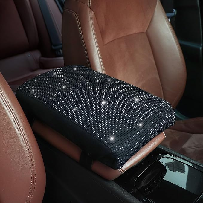 Black Bling Car Armrest Cover with Memory Foam Cushion Pad & Rhinestones, Universal Diamond Center Console Cover for Cars, Bling Middle Console Cover, Bling Car Accessories for Women, Black
