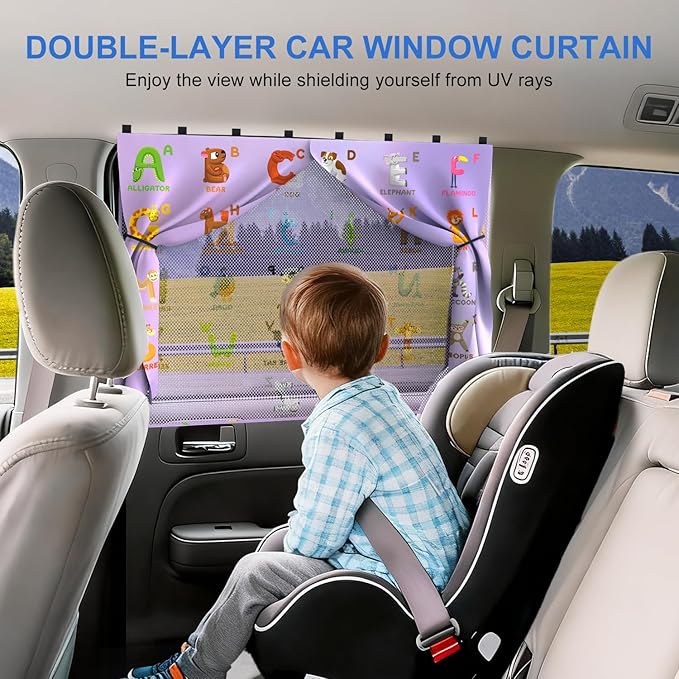 Car Window Shades with 8 Magnets-26.8"x19.7" Car Rear/Side Window Sunshade for Baby Semi-Transparent 2-in-1 Universal Auto Sun Shade for Kid & Pet Protection (2 Pack) Animal Alphabet Education