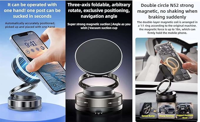 Vacuum Magnetic Car Phone Holder 360° Adjustable Foldable Portable Magnetic Phone Holder for Car for Car/Gym/Mirror/Smooth Surface Suction Cup Phone Mount Compatible for All Smartphones (Obsidian)