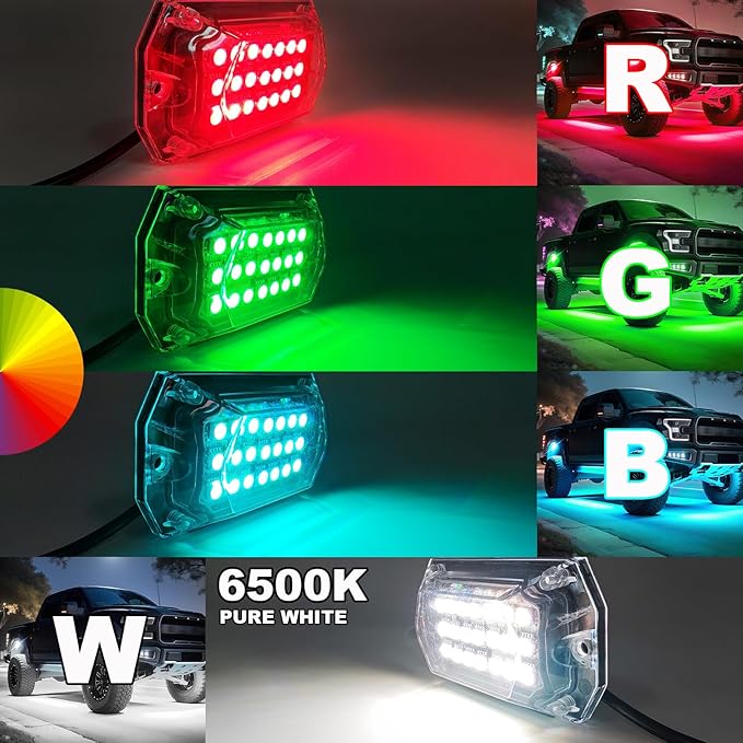 20 Pods Full Angle RGBW LED Rock Lights, 6500K Pure White RGB Rock Light for Semi Truck Jeeps Trailer Pickup Offroad Boat RV Underbody 12V Waterproof Neon Underglow Kit with APP/RF Control Sync Music
