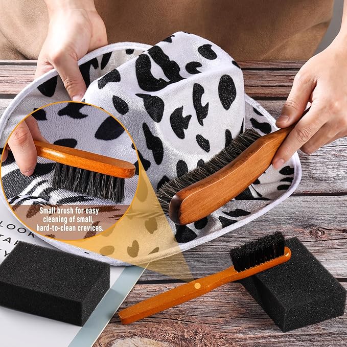 4 Pcs Horsehair Felt Hat Brush Kit with Cleaning Sponge Cowboy Clean Hat Wood Fedora Hat Cleaning Set Baseball Cap Lint Brush Remove Dust for Hair Furniture Suits Clothes(Style B)
