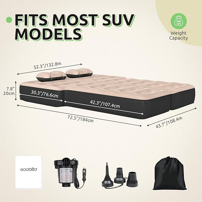 GOOBED Inflatable SUV Camping Mattress with Pump & Accessories, 10-Inch Thick Air Bed with Pillows, Storage Bag & Patch Kit, Fits 4Runner, Jeep, and Most Midsize to Large SUVs (Gray)