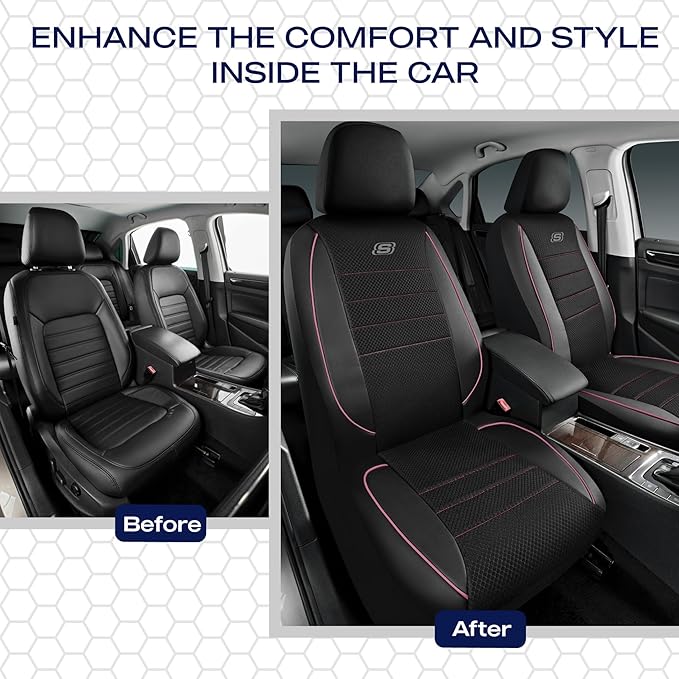 Skechers Air-Cooled Memory Foam Seat Covers,Mesh Thick Car Seat Covers,Piping Leather Car Seat Covers Front Seats,Airbag Compatible,Automotive Comfort Universal FitMost Cars,Vans,Truck,SUV,Pink