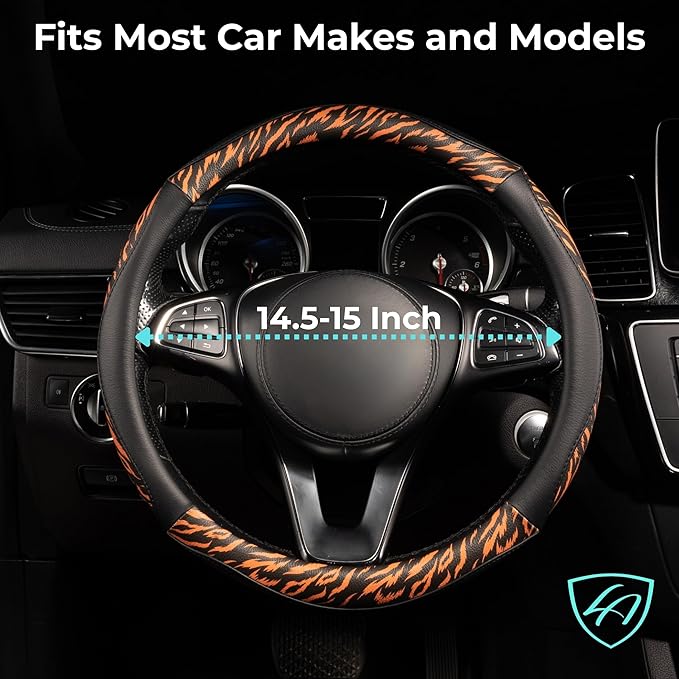Lord Autofashion Steering Wheel Cover – PU Leather, Non-Slip Rubber Inner, All-Season Comfort – 14.5–15 Inch (Black/Tiger 8684)