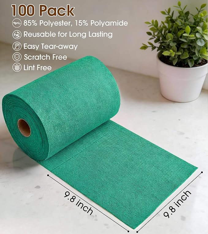 KitchLife Microfiber Cleaning Cloth Roll, 100 Pack - Tear-Away Microfiber Paper Towels, Lint-Free, Reusable, Washable for Kitchen, Car, Dishes, and Sensitive Surfaces (Forest Green)