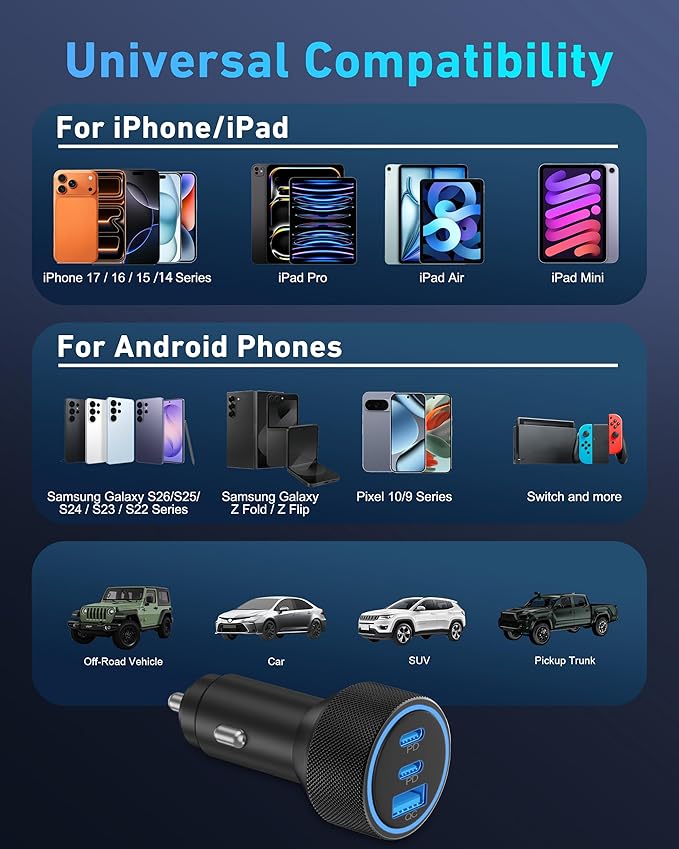 WODENTA for iPhone 17/16/15 Pro Max Car Charger, 67W 3-Port Fast USB C Car Charger Power Cigarette Lighter Adapter with 3FT USB C to C Cable for iPhone 17/17 Pro/Air/17e/16/15 Pro Max/Plus/16e, iPad