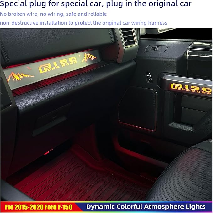 Ambient Light Kit for 13th Gen Ford F-150, 2015-2020 Chrome Interior Inner Door Handle Cover, Door Opening Warning, 256-Color, SYNC 3 Controlled Light Brightness, F150 Truck Accessories Replacement
