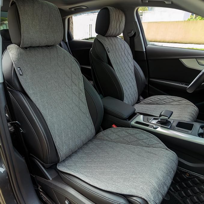 2pcs Sideless Car Seat Covers for All Seasons - Breathable Front Seats Cushions Non-Slip Bottom with Headrest Protectors - Universal Carseat Cover Fits for Most Vehicles Cars Van SUV Truck Grey