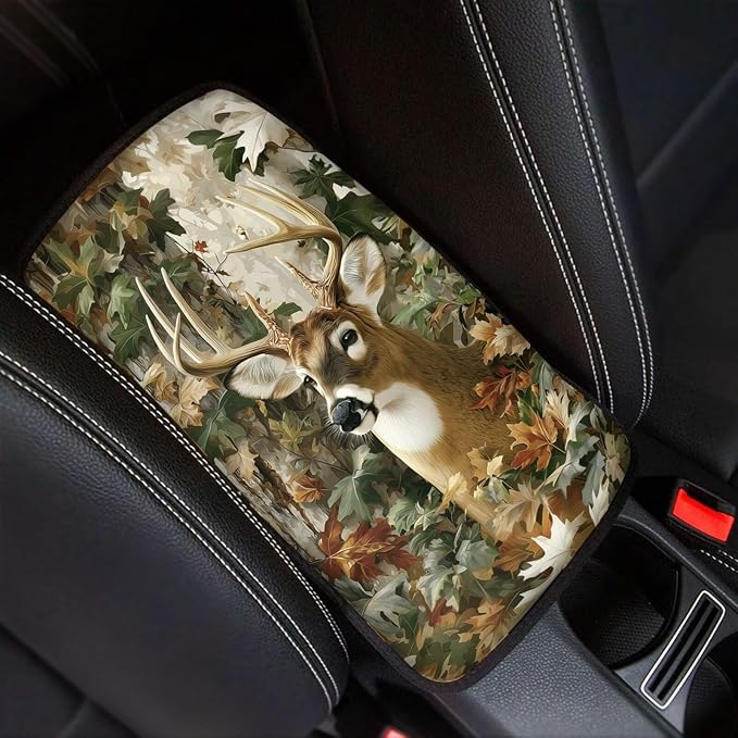 Dreaweet Deer Hunting Camo Car Armrest Cover Universal Car Accessories Center Console Pad Scratch-Resistant Universal Arm Rest Cover for SUV Truck Sedan