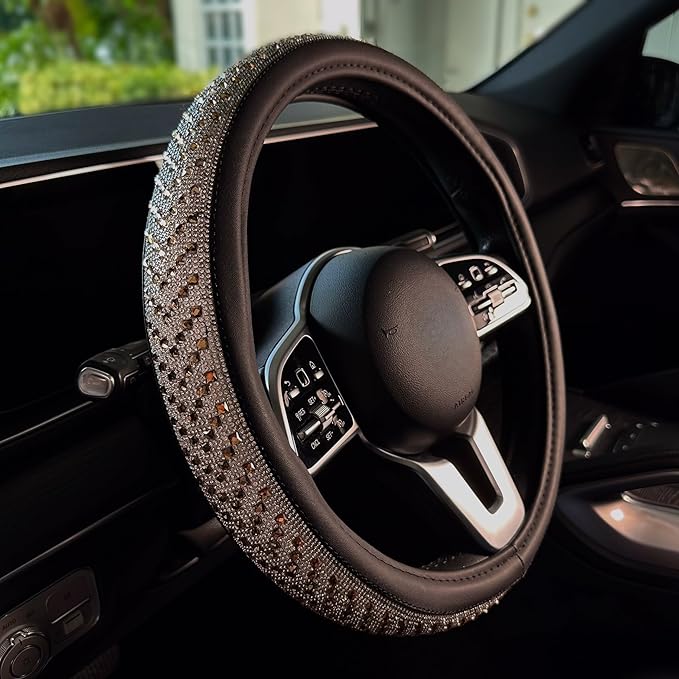 Lord AutoFashion 15 Inch Luxury Universal Steering Wheel Cover Rhinestone Crystals Anti-Slip Microfiber Leather for Women Girls Men Boys Car Accessory Bling Diamonds Gold (JX06)