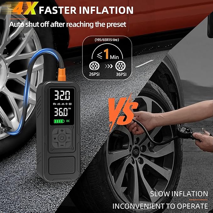 Y34 Tire Inflator Portable Air Compressor,4X Faster Inflation,10000mAh Cordless/12V DC 150PSI Air Pump for Car Tires with Digital Pressure Gauge/LED Light for Car,Motorcycle,Bike,Ball
