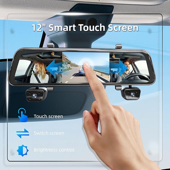 12" 4K+1080Px3,4 Channel Mirror Dash Cam Front and Rear with STARVIS Sensor, Rear View Mirror Camera,Back up Camera for Cars,8 IR Night Vision,WiFi,GPS,Voice Control,Free 128G SD