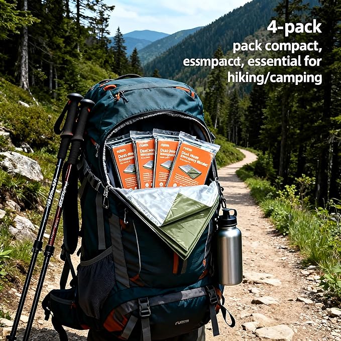 Ruten Double-Sided Green/Silver Thermal Emergency Blanket (4-Pack) - Extra Large 63x82.7 Heavy Duty Mylar Foil Space Blankets for Camping, Car, Hiking, Survival Kits - Windproof & Waterproof