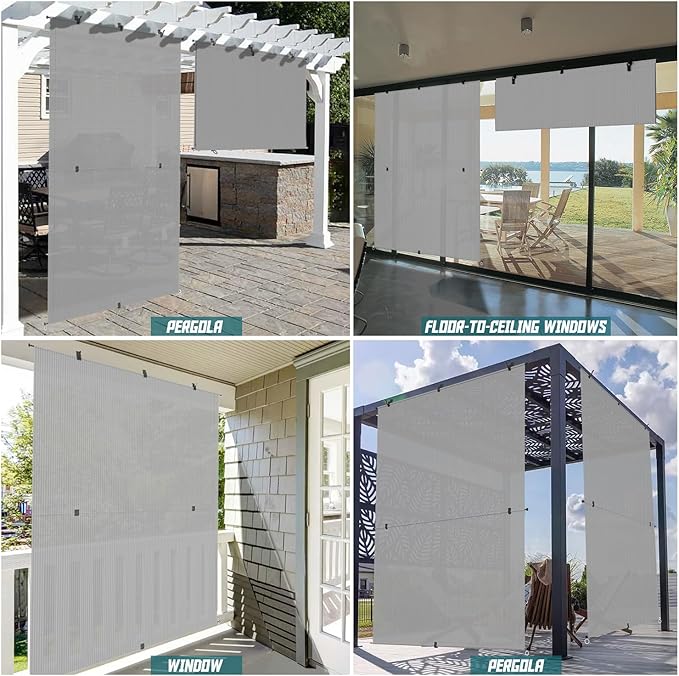 Bynbbur 5'W x 5.5'H Outdoor Patio Shades Foldable Roller Blinds, 220 GSM Sun Shade Roll Up Porch Screens Exterior Shade Cloth for Deck Pergola Backyard, Light Gray