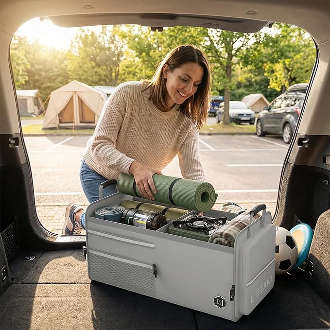 LIBZAKI Car Trunk Storage Organizer, Multi Compartment Collapsible Trunk Storage Box for Car Truck SUV-Gray