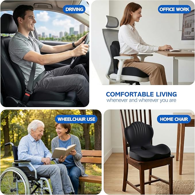 Office Chair Cushion for Tailbone & Back Pain Relief, Strong Lumbar Support Ergonomic Cushions, Comfortable Memory Foam Cushion for Pain Relief, Suitable for Office Chairs, Home Chairs, Car