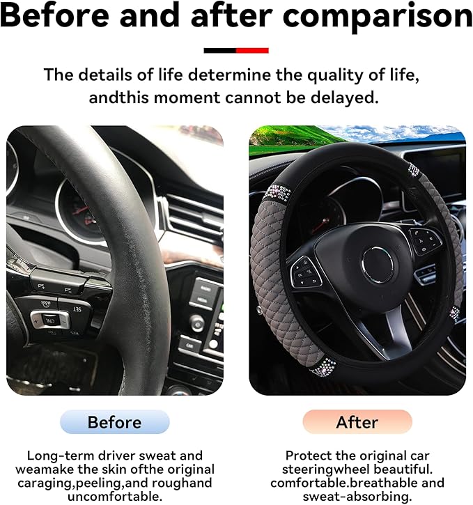Bling Car Steering Wheel Cover, 15 Inch Rhinestones Soft Leather Elastic Steering Wheel Protector, Sparkly Crystal Diamond for Women Girls, Car Interior Accessories for Most Cars (Grey)