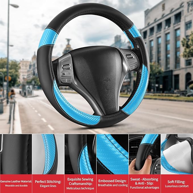 Non-Slip Car Nappa Leather Steering Wheel Cover,Universal Car Accessories Women Men Fit 14" 1/2-15" Suvs/Vans/Sedans/Cars/Trucks,Light Blue