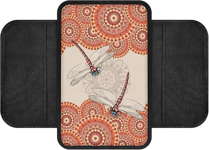 Dragonfly Bohemia Mandala Pattern Car Armrest Cover Stretchy Vehicle Box Cover Protector Lightweight Auto Center Console Pad Armrest Seat Box Cover Protector