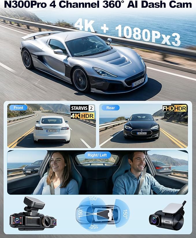 N300Pro 4K 4 Channel Dash Cam Front and Rear, STARVIS 2 Sensor, 3" Touch Screen, 5.8GHz WiFi GPS, 360° Car Dash Camera, AI Driver Monitor System, Free 64GB Card, WDR Night Vision HDR, 24H Parking Mode