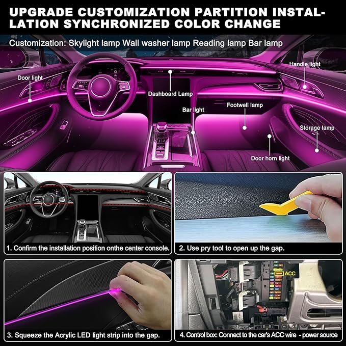 Acrylic Interior Car LED Strip Light with APP, RGB 10 in 1 with 175 inches 600 LEDs Fiber Optic Ambient Lighting Kits, 16 Million Colors Sound Active Function Car Neon LED Strip for Car