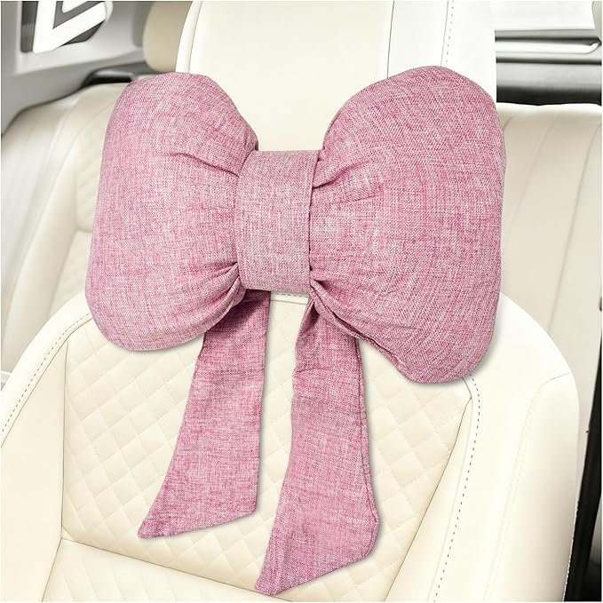 Sun Walker Bow Car Headrest Pillow, Breathable Bow-Shaped Vehicle Neck Pillow with Adjustable Strap, Ergonomic Neck Support Cushion Driving Seat Decoration for Women Girls (Pink)