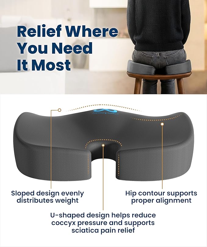 Everlasting Comfort Doctor Recommended Memory Foam Seat Cushion for Office Chairs & Car - Ergonomic Office Desk Accessories - Cushions for Tailbone Pain Relief, Sciatica (Gray, Large)