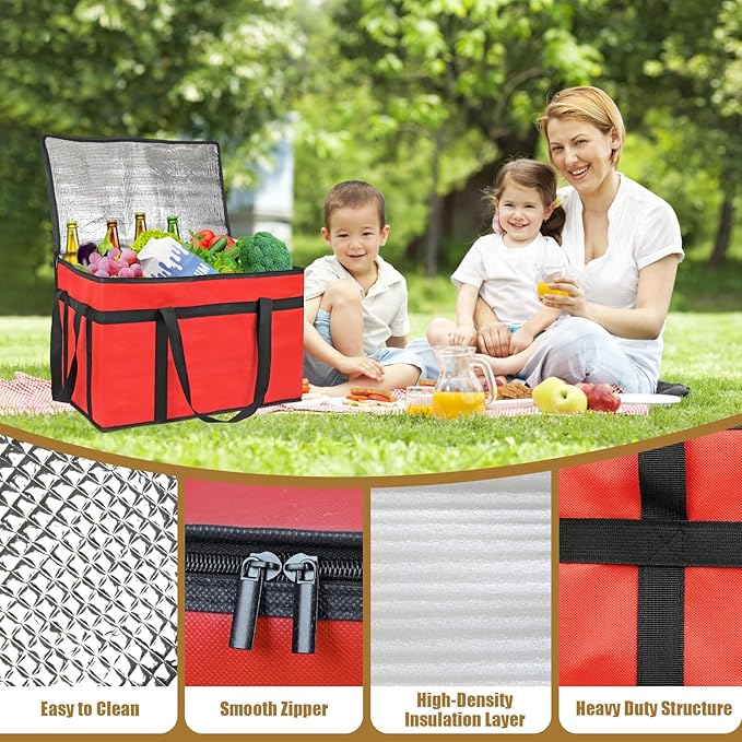 PEASUG Insulated Bags for Food Delivery, XXXL Pizza Delivery Bags, Large Capacity Cooler Bag Keep Food Warm for Grocery Shopping and Catering, Foldable, Heavy-Duty (Red)